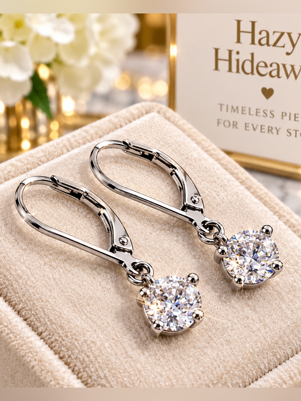 Sterling Silver Clear Zircon Gemstone Lever-Back Drop Earrings | Pierced | NWT